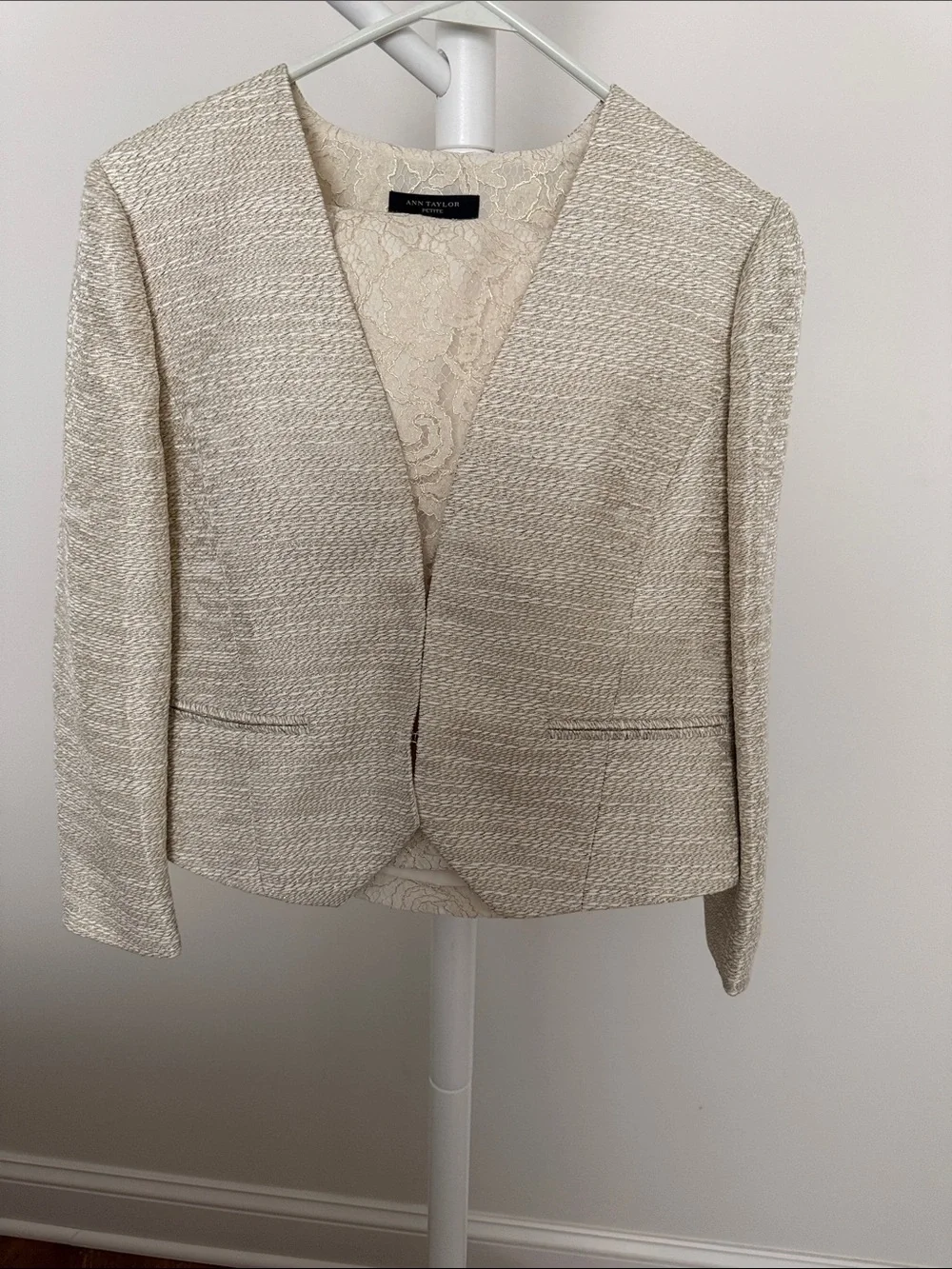 Ann Taylor Suit, cream with gold highlights. Jacket 8P, matching lace skirt, 4.